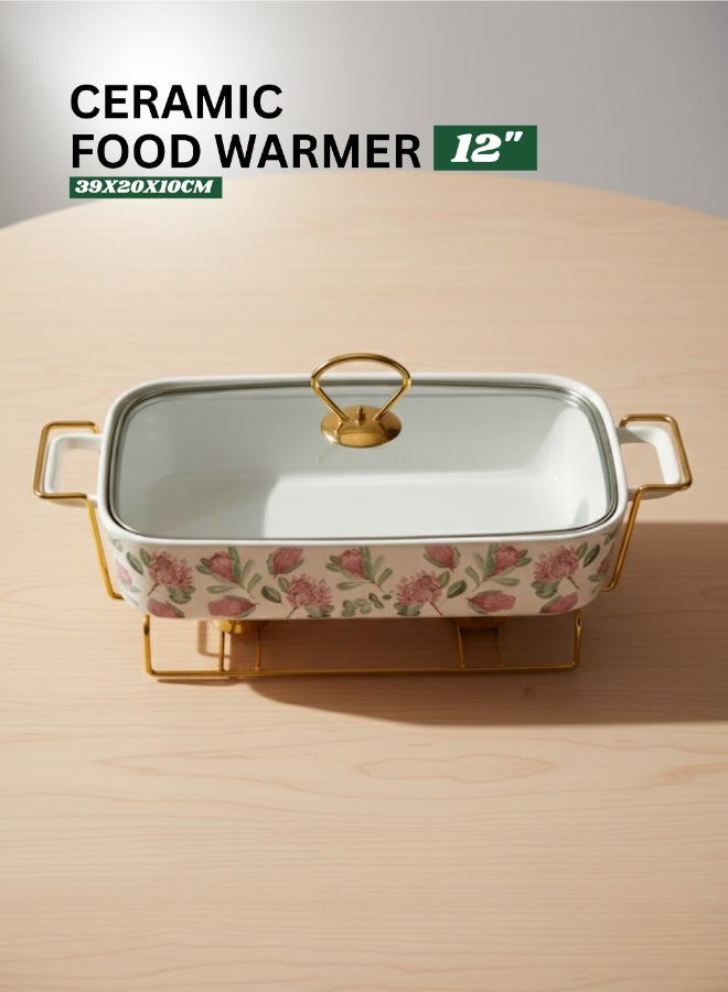 FEELINGS Ceramic Food Warmer ,Ceramic Chafing Dish with Lid & Gold Warming Stand, 12-Inch – SD-61211-P - Image 3